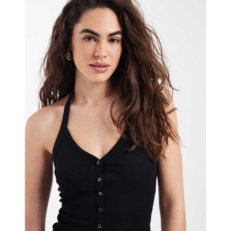 New Look halter neck button through top in black 114927845
