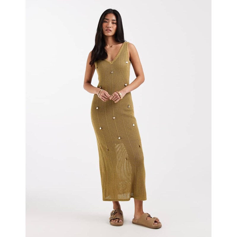 New Look shell detail knitted midi dress in green