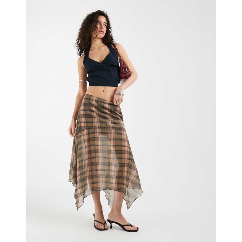 Motel Sedra chiffon midaxi skirt in blurry pink brown check 114927863