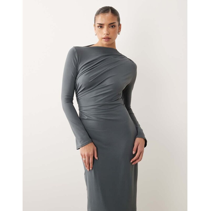 ASOS DESIGN asymmetric drape slash neck maxi dress in slate grey