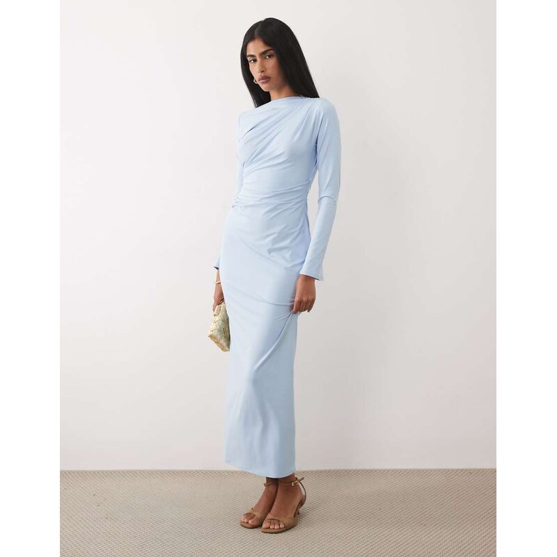 ASOS DESIGN asymmetric drape slash neck maxi dress in blue