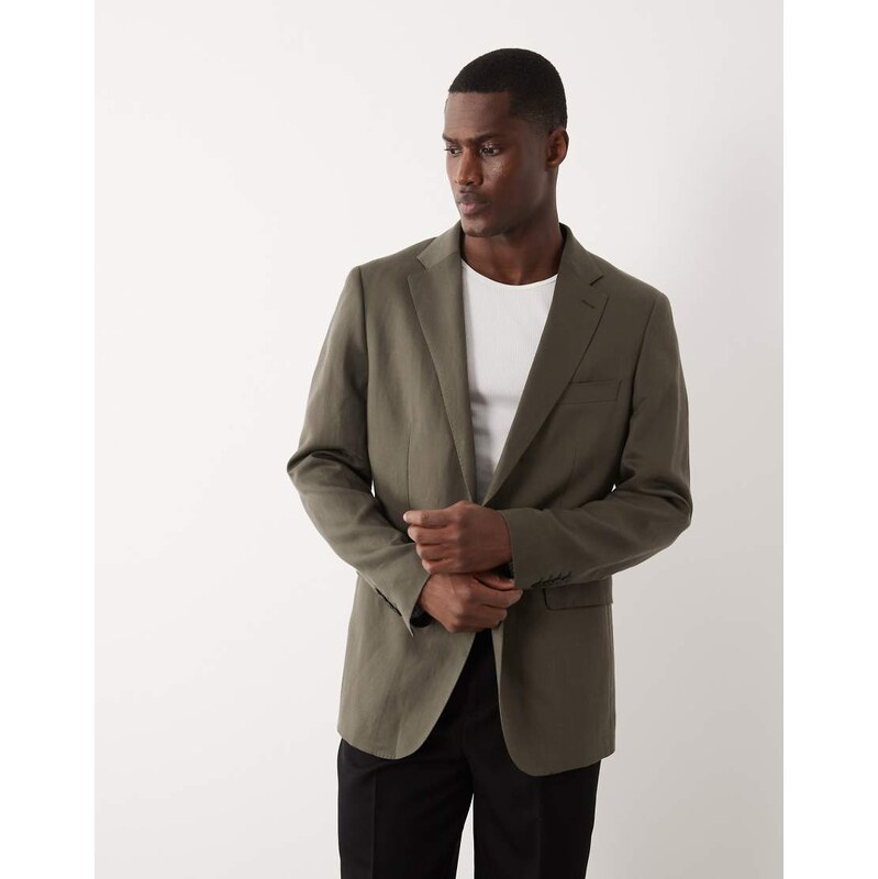 Mango Amalfi linen blend slim fit suit blazer co-ord in khaki
