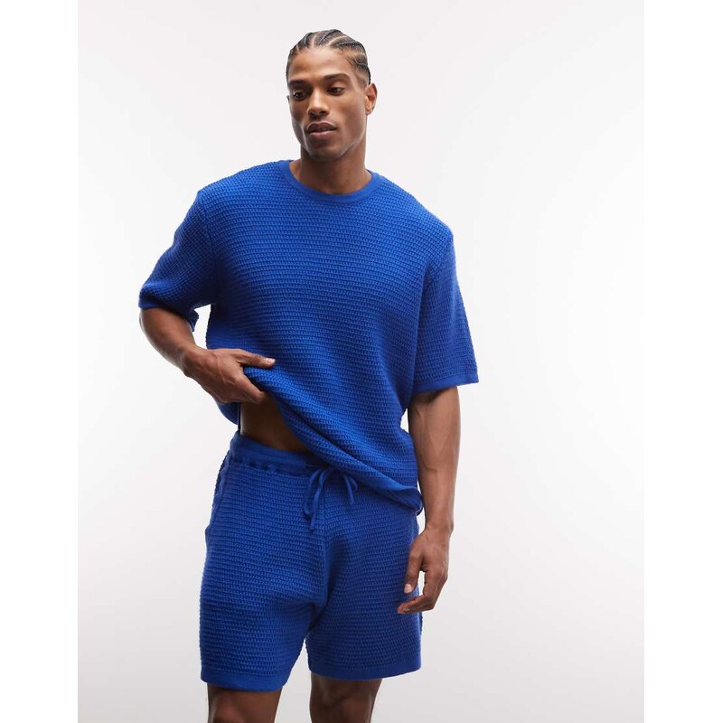 ASOS DESIGN knitted co-ord textured shorts in blue - MBLUE