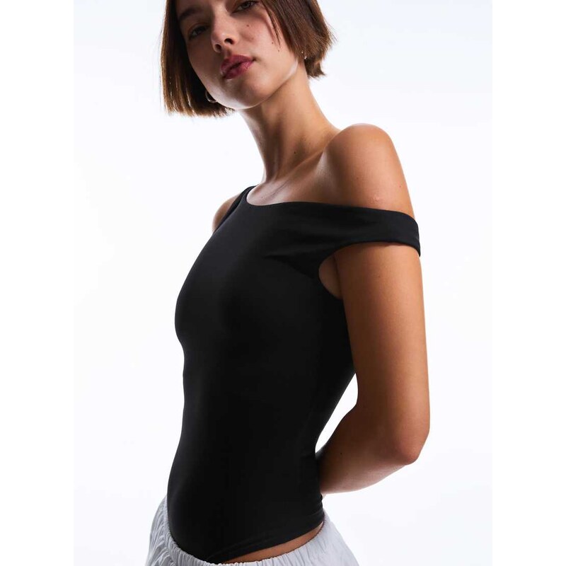 Bershka Asymmetric ruched strap body in black 114927935