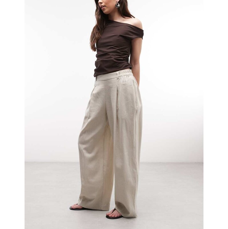 River Island linen blend elasticated waist wide leg trouser in