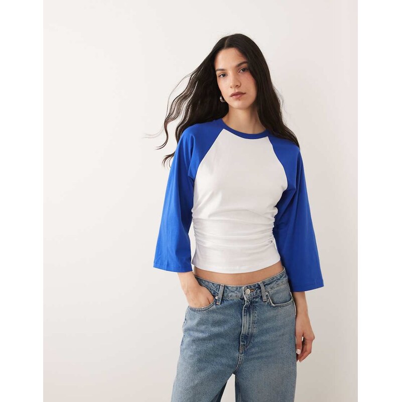 ASOS DESIGN 3/4 contrast sleeve top with cinched waist in cobalt