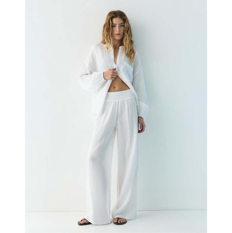 Pull&Bear Flowy chiffon trousers in white