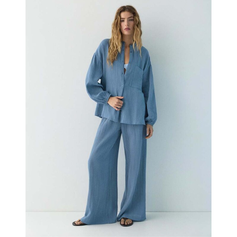 Pull&Bear Chiffon stand collar shirt in bluish-Blue