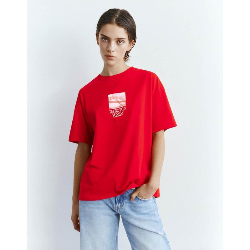 Pull&Bear Red t-shirt with graphic and slogan in red