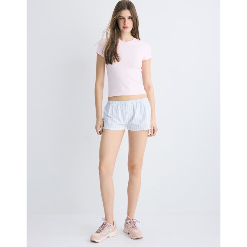 Stradivarius Striped buttoned mini shorts in ecru-White 114928094