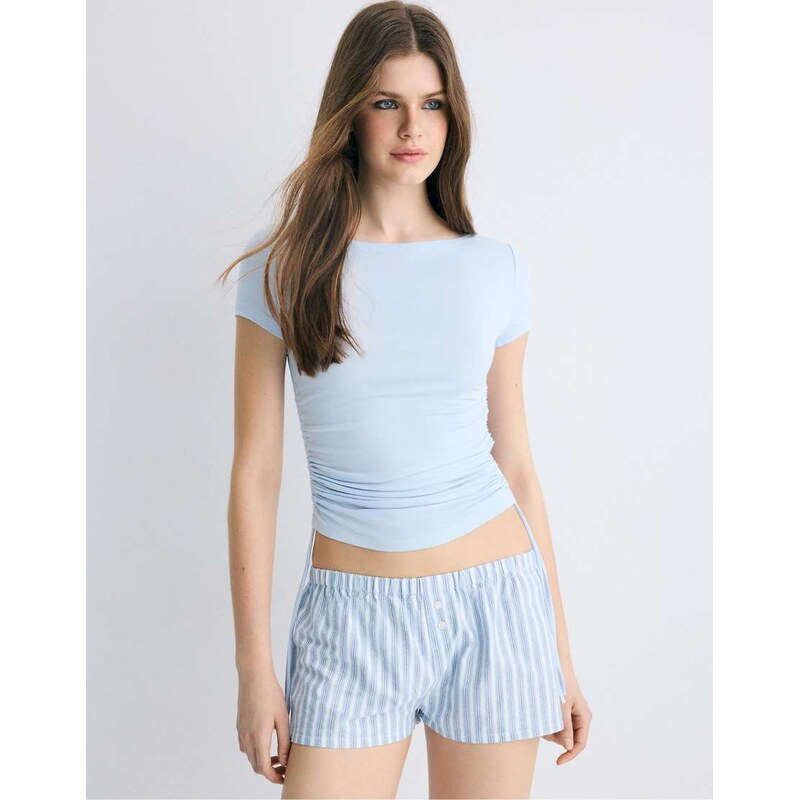 Stradivarius Striped button-detail shorts in navy blue 114928108