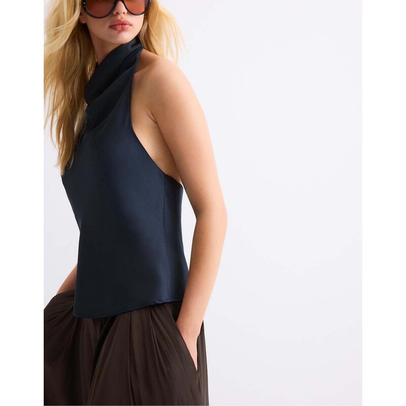 Stradivarius Satin effect halter top in dark blue-Navy