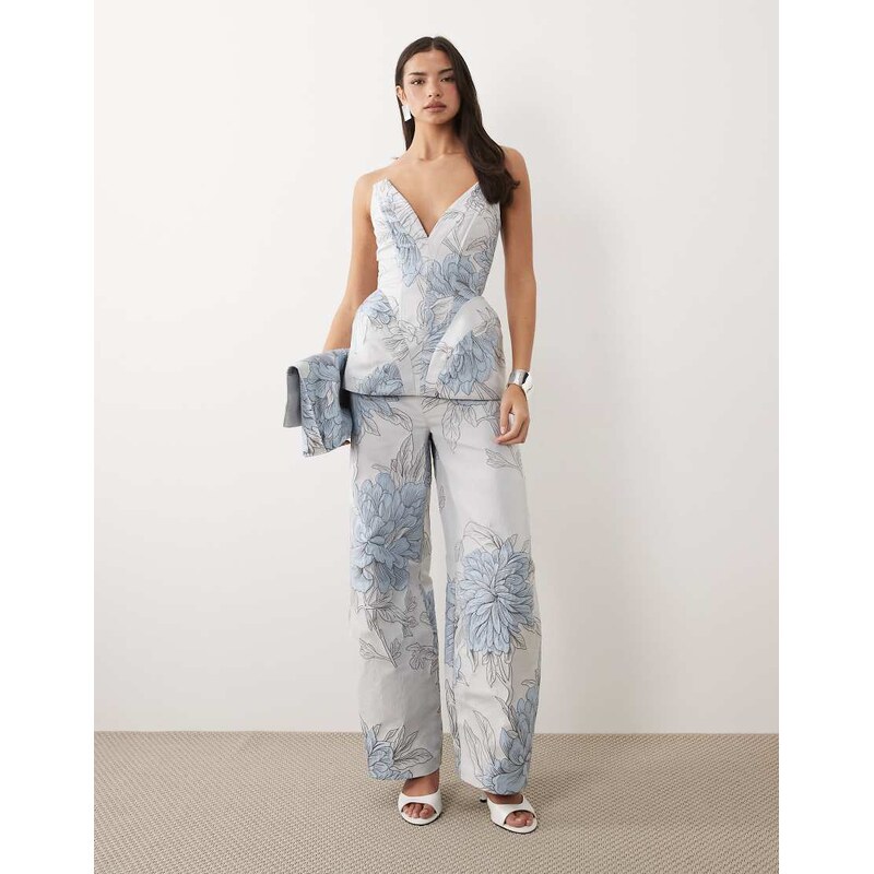 ASOS LUXE co-ord jacquard barrel trouser in blue floral-Multi