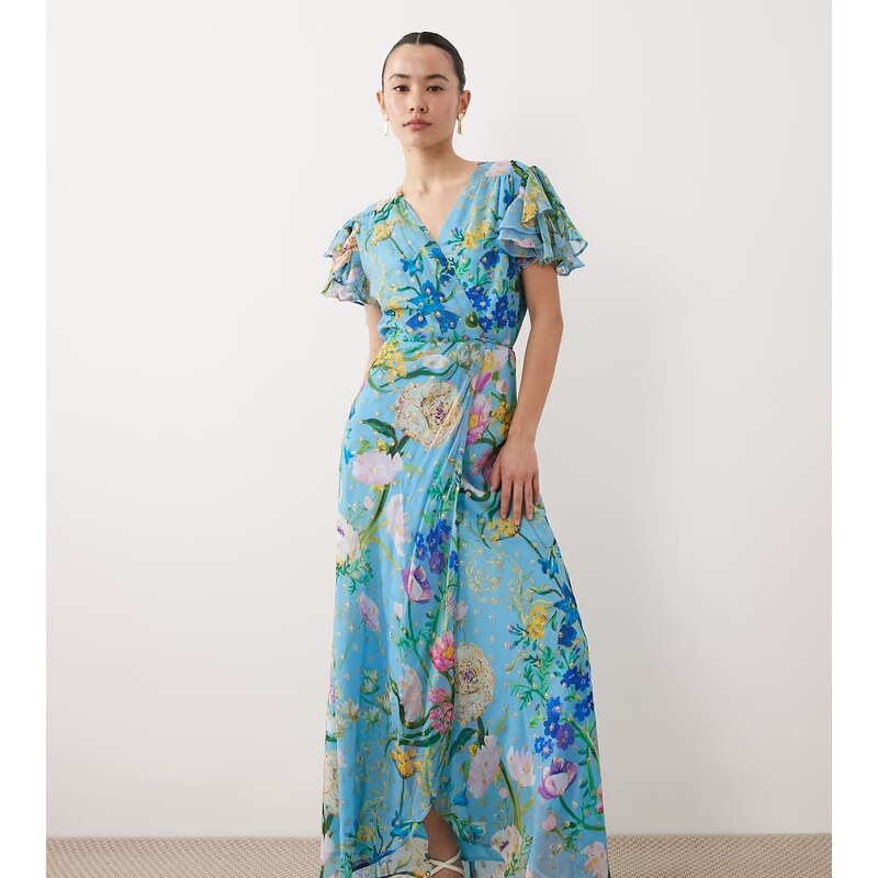 Hope & Ivy Petite frill sleeve maxi wrap dress in blue floral