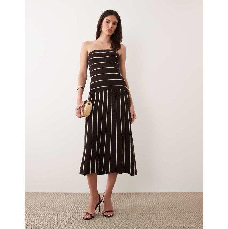 Pretty Lavish knit bandeau midi dress in brown cream stripe-White 114956280