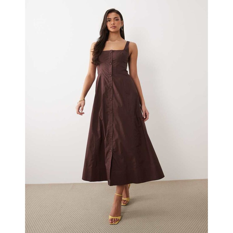 Forever New corset detail button down skater midi dress in brown 115188490