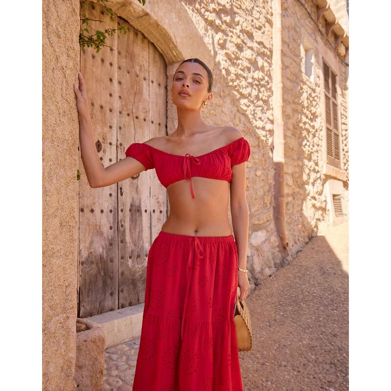 The Frolic exclusive broderie bardot tie front detail crop top co-ord 114958941