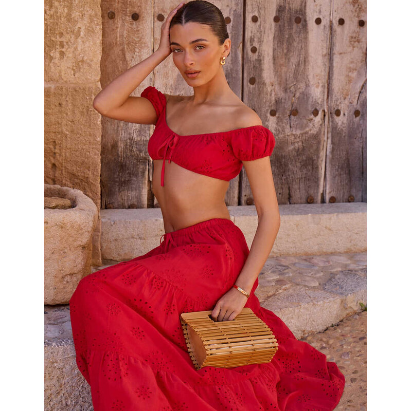 The Frolic exclusive broderie tiered maxi skirt co-ord in red 115468427