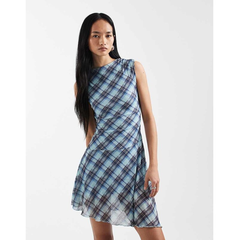 Cotton On mini mesh asymmetric hem dress in blue check 115610026