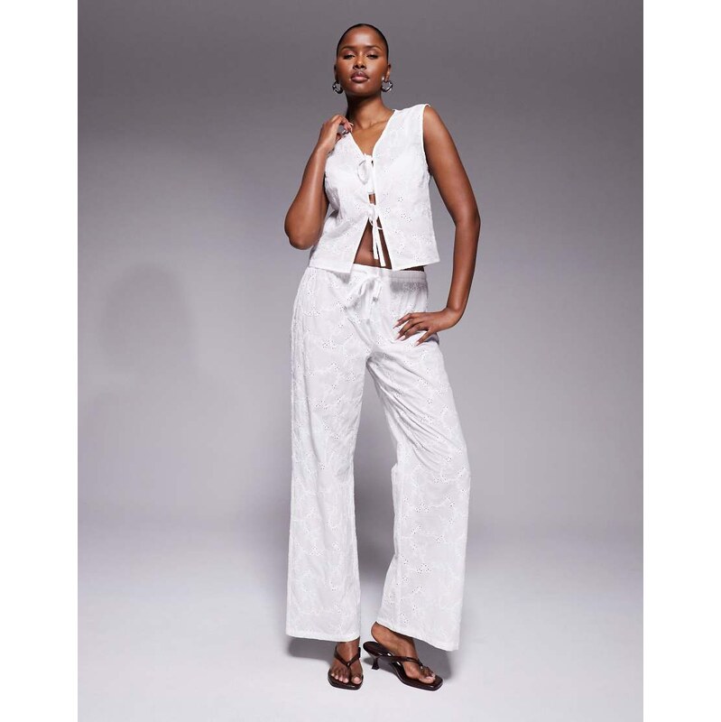 Kaiia broderie drawstring waist wide leg beach trousers co-ord in 114935088