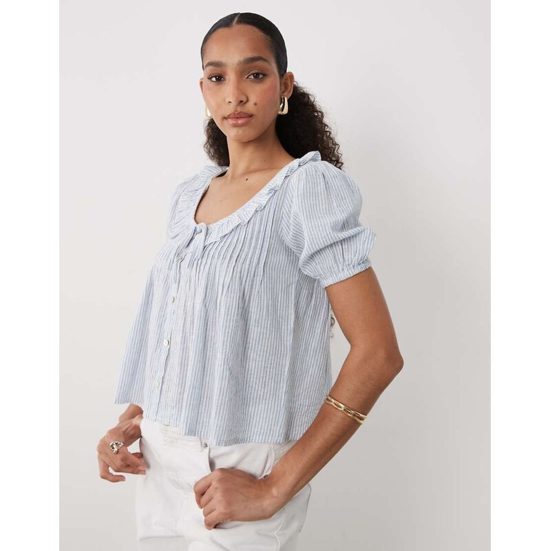 New Look stripe frill linen mix blouse in blue