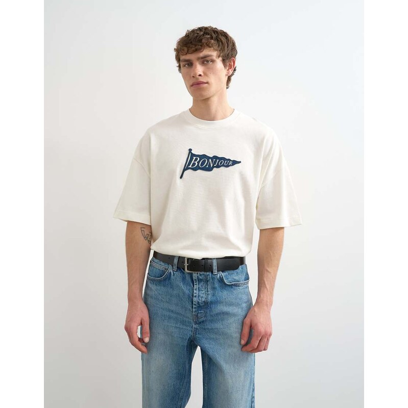 Topman relaxed fit t-shirt with Bonjour Flag patch in ecru-White