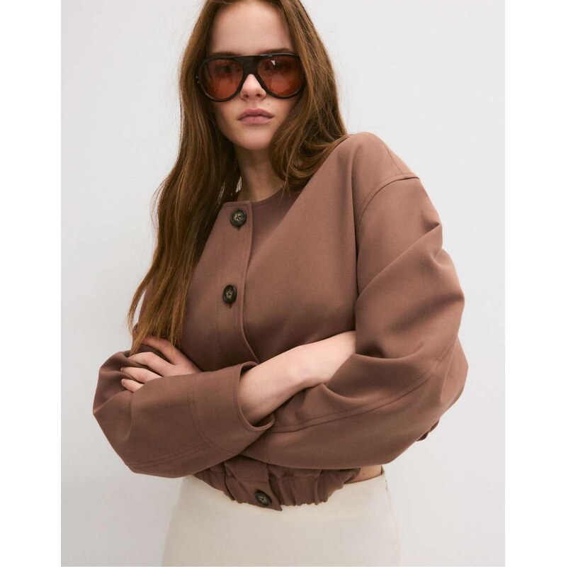 Stradivarius Puff sleeve round neck jacket in brown 114994112
