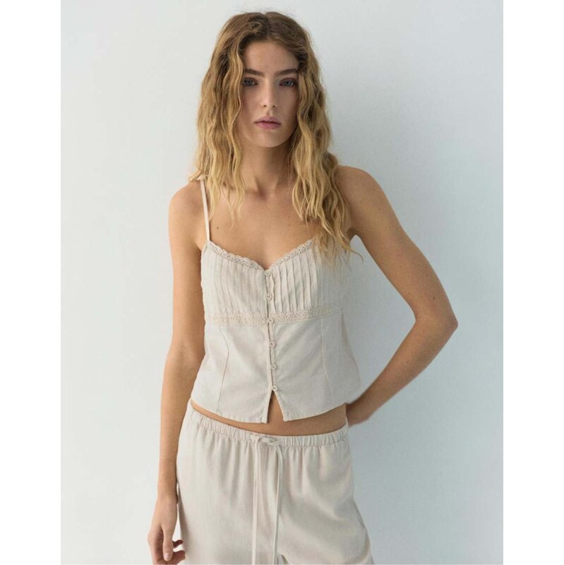 Pull&Bear Lace-trimmed camisole crop top in sand-Neutral