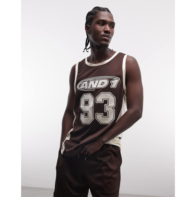 AND1 logo airtex vest co-ord with contrast panels in chocolate brown 114935084