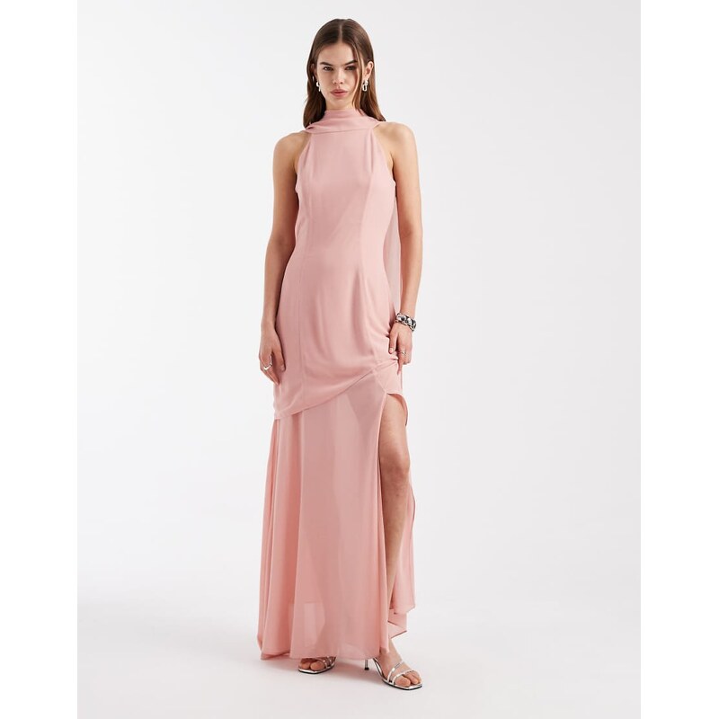 TFNC Bridesmaid chiffon halter neck scarf detail maxi dress with sheer 115004365
