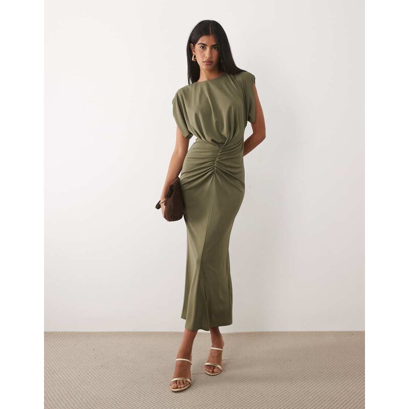 ASOS DESIGN structured shoulder ruched front midi dress in khaki