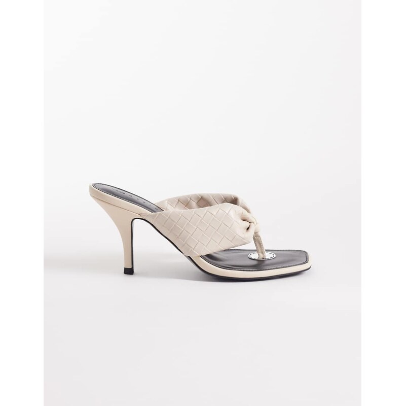 ASOS DESIGN Hot-stuff plaited toe thong heeled sandals in off white 115521106