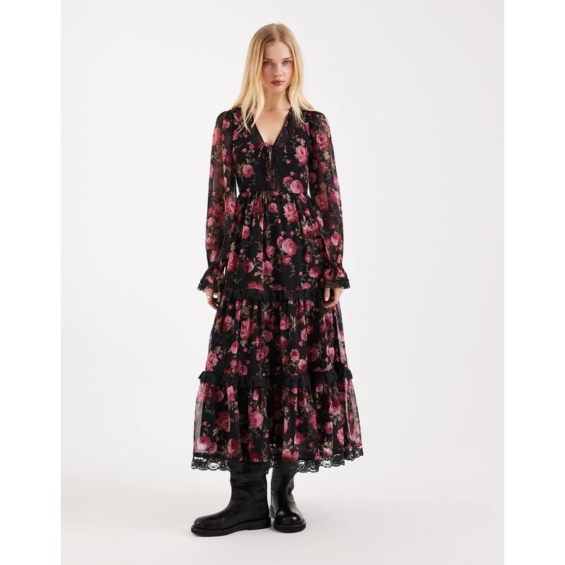 Miss Selfridge corset detail maxi dress in rose print-Black