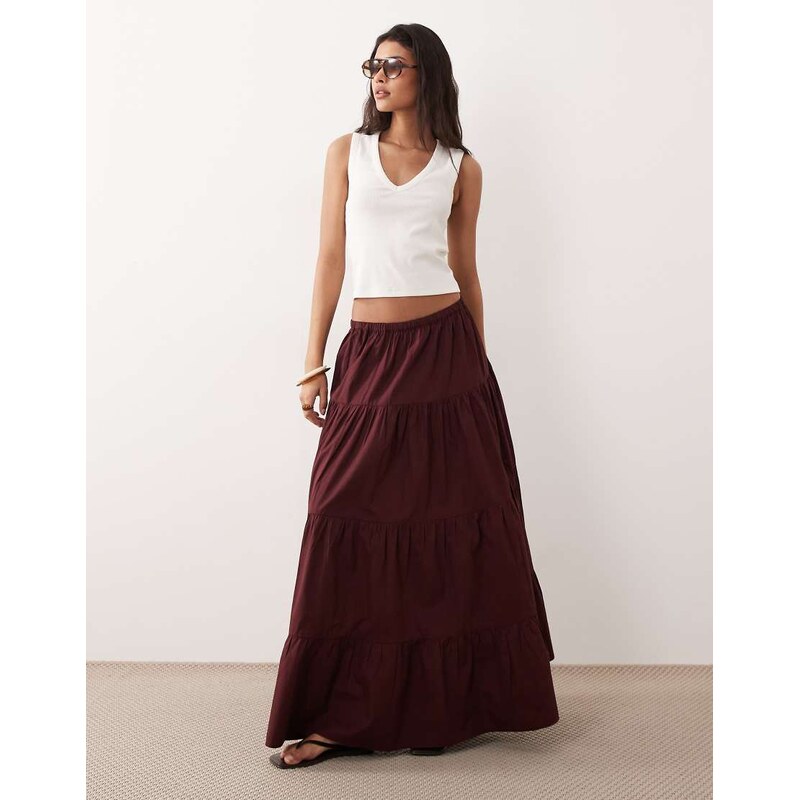 Miss Selfridge tiered poplin maxi skirt in chocolate-Brown