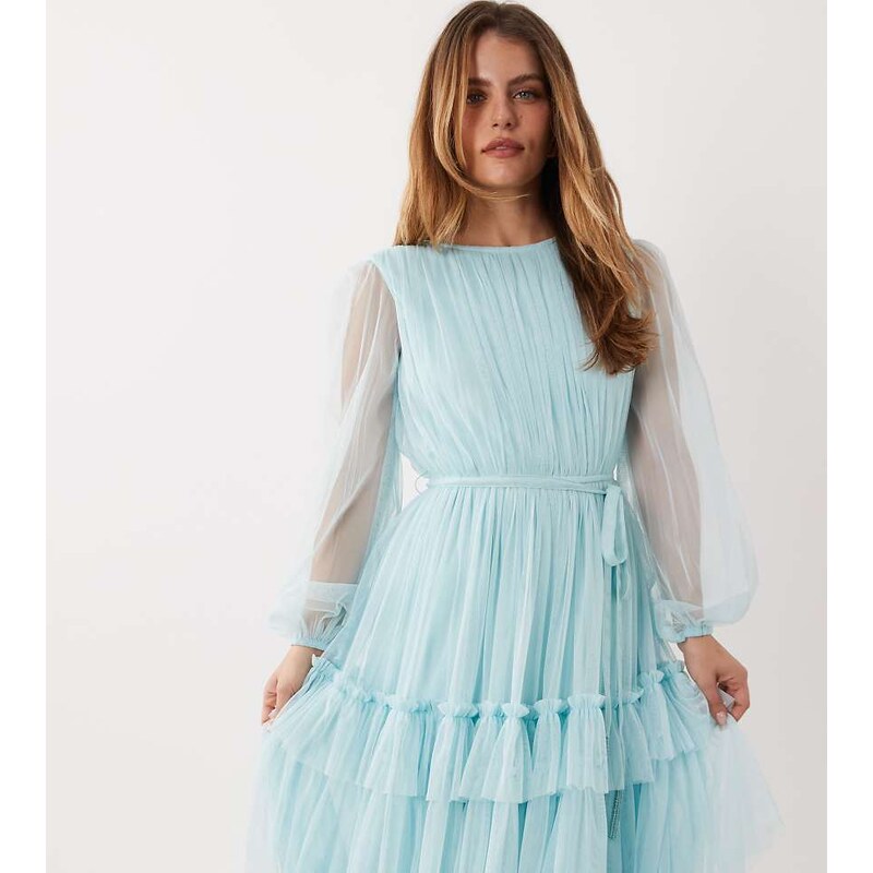 Lace & Beads Petite crew neck tiered midi dress in light blue