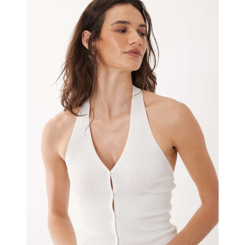 Mango Teen knitted button through halterneck top in white 114969714