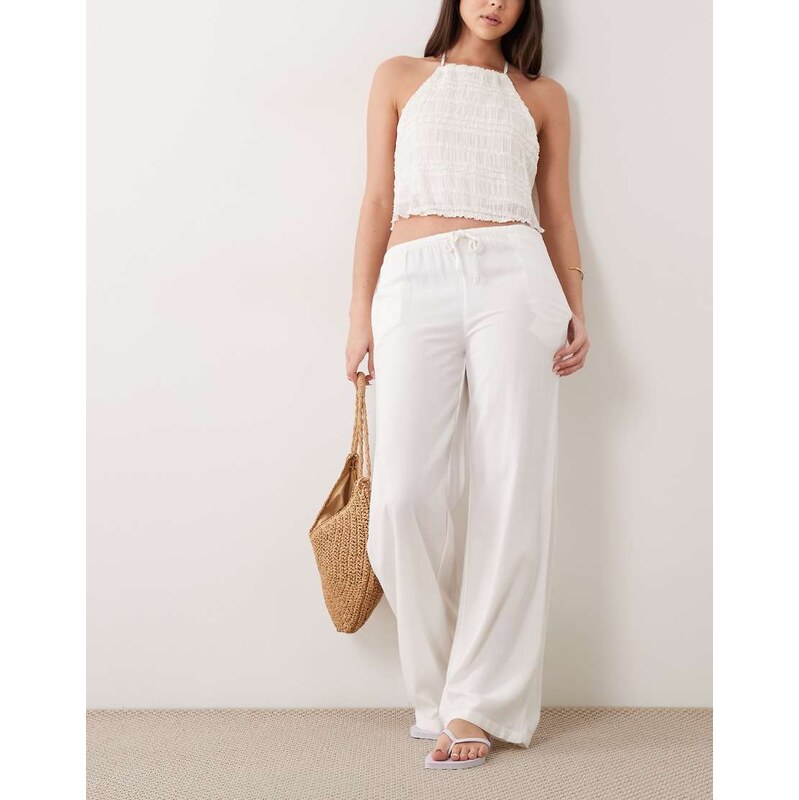Mango Teen linen mix tie waist straight trouser in white