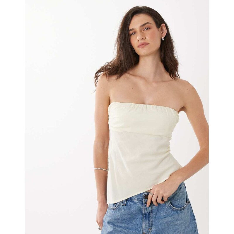 Mango Teen linen mix off shoulder asymmetric hem top in butter yellow 114969713