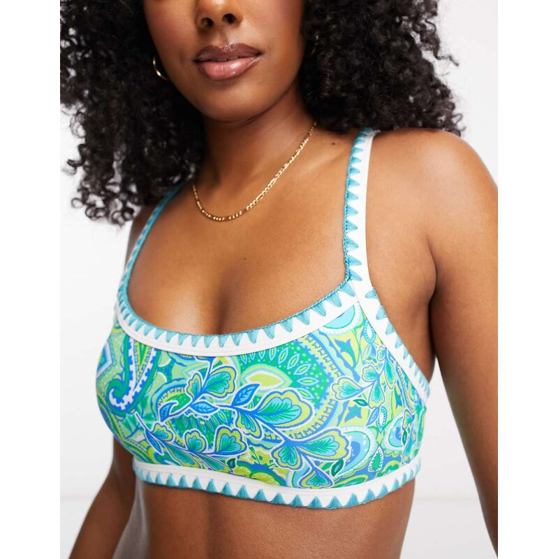 New Look scarf print scoop bikini top in green 114934737