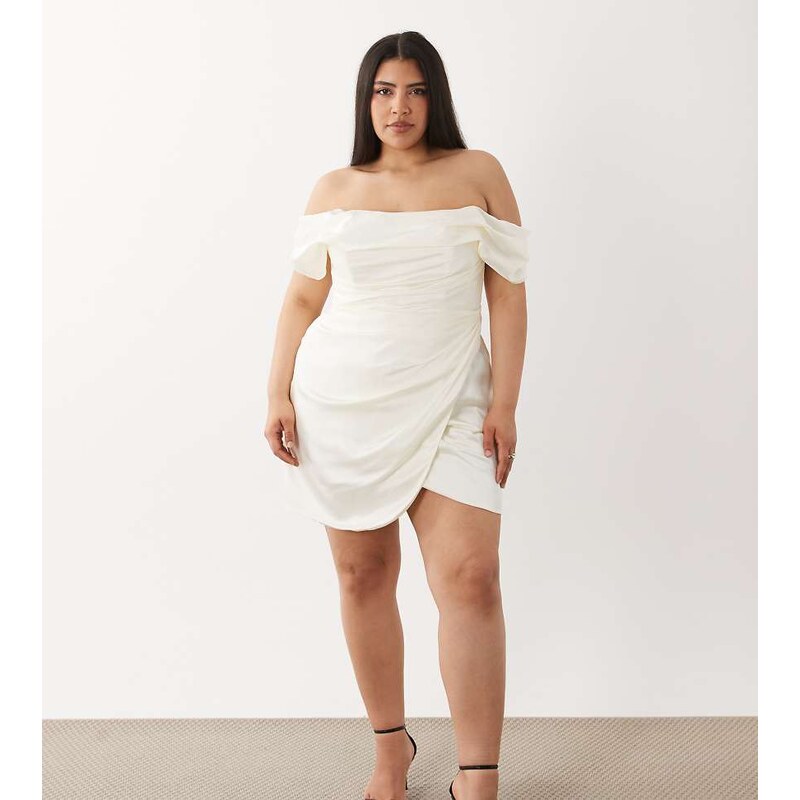 ASOS Curve ASOS DESIGN Curve satin off shoulder mini dress in ivory 114934865
