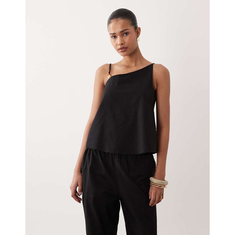 SNDYS linen blend asymmetric bead detail top co-ord in black 114934869