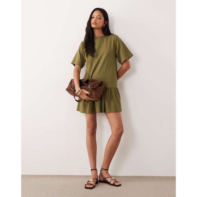 ASOS DESIGN drop waist mini dress in khaki-Green