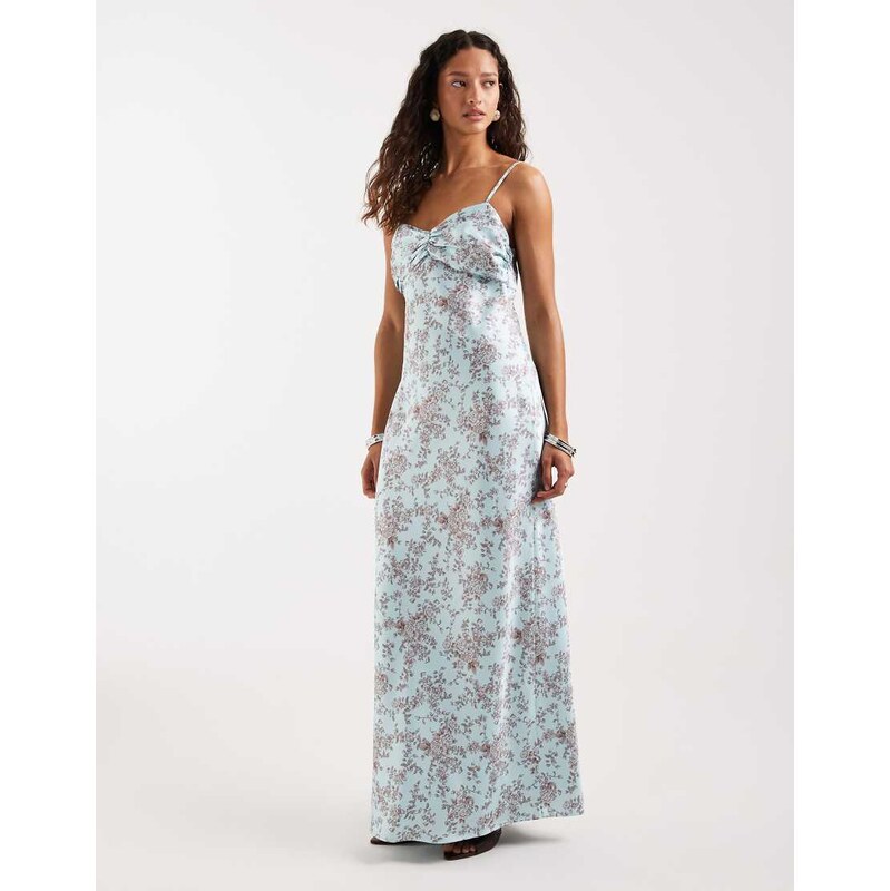 Pretty Lavish Joely satin ruched bust maxi dress in twiggy blue floral 114934911