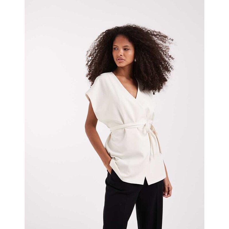 Pretty Lavish kimono wrap top in cream-White