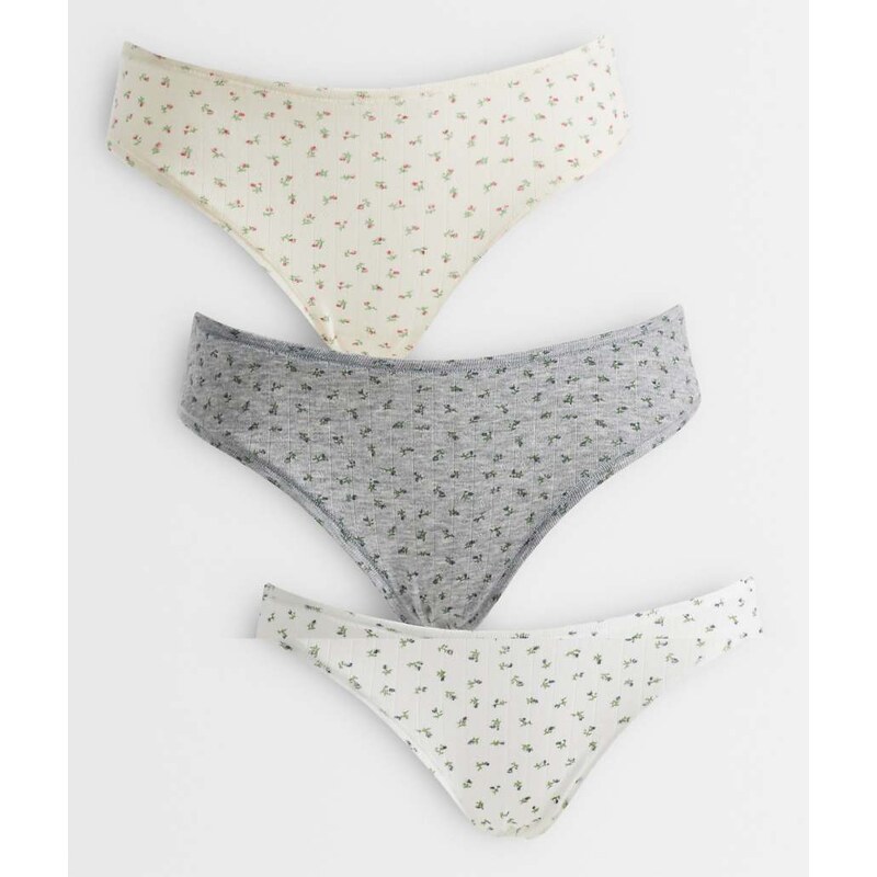 ASOS DESIGN 3 pack brazilian in cream and grey ditsy pointelle-Multi 114956318