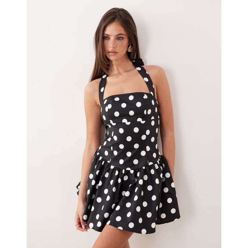 The Frolic exclusive square neck halter mini dress in black polka dot 114962170