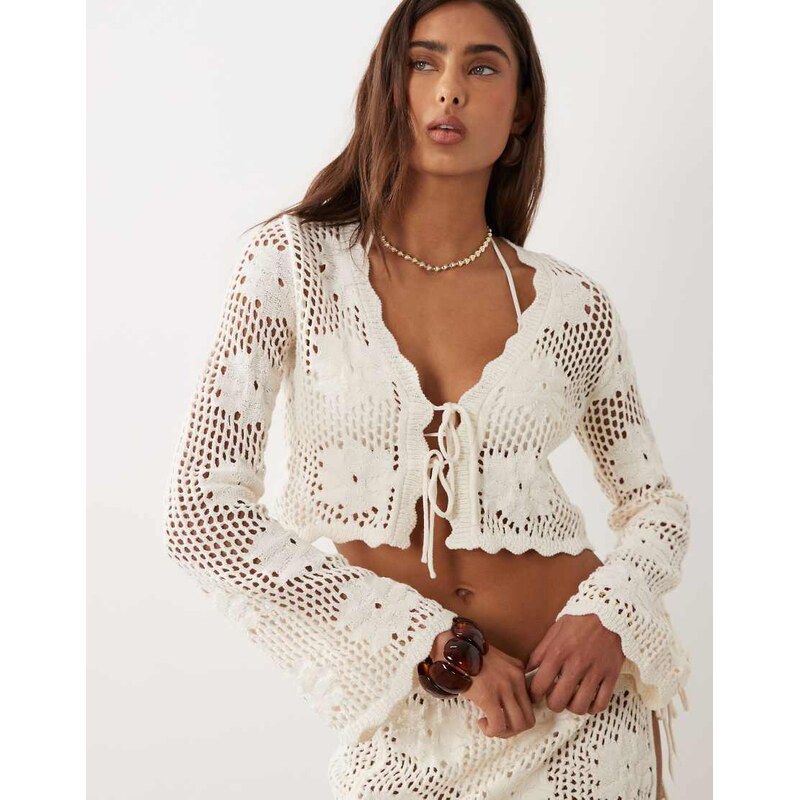 The Frolic exclusive crochet tie front long sleeve beach crop