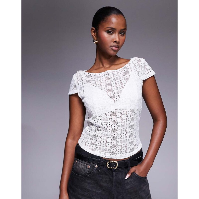 Abrand Jeans Abrand slash neck lace cropped tee in ivory-White 114935069
