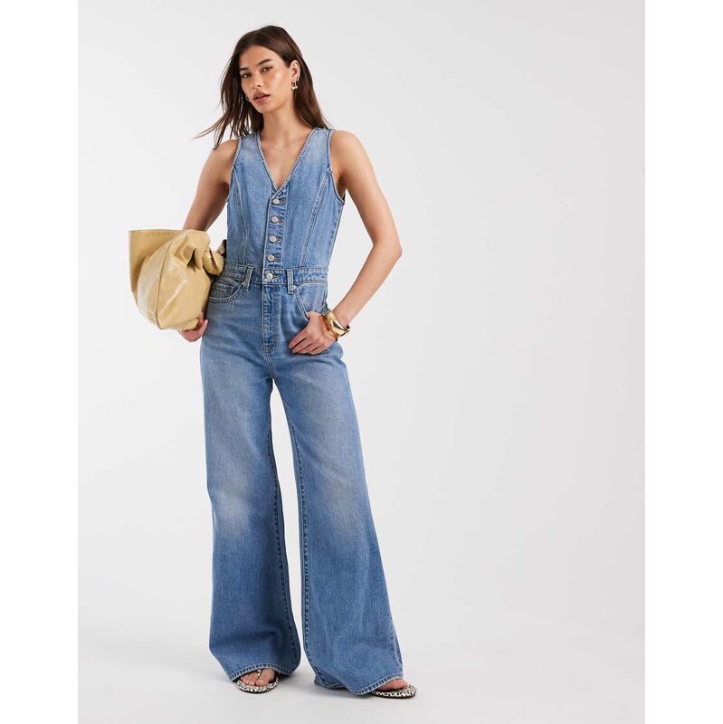 Levis denim vest wide leg jumpsuit in mid blue 114935042