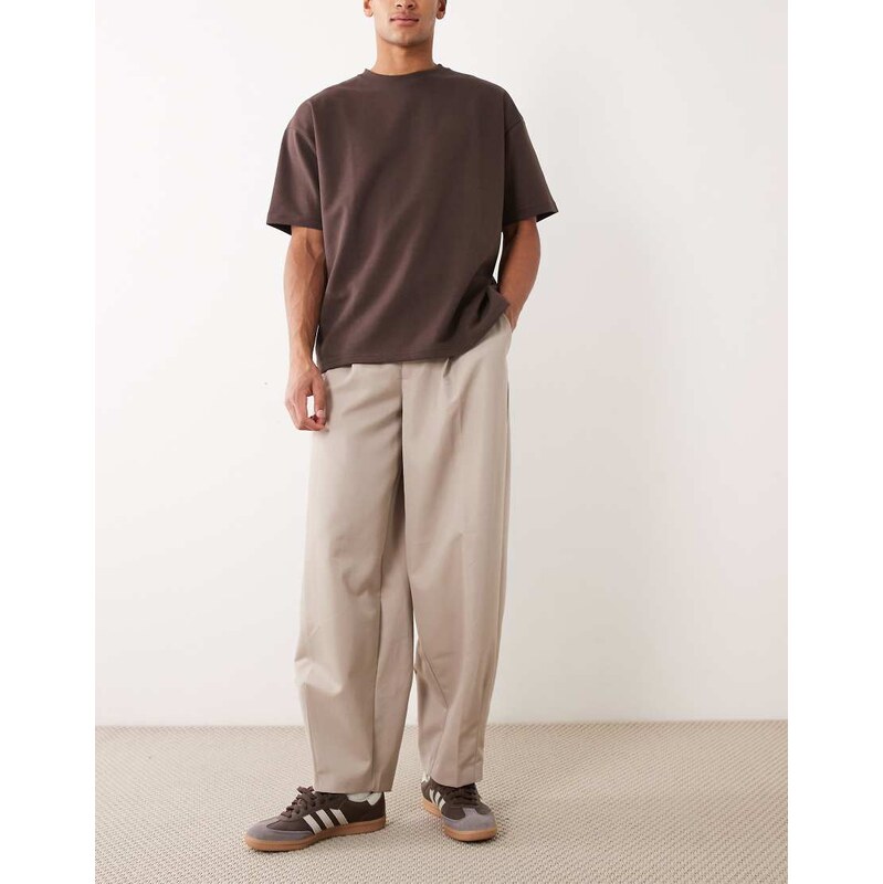 ASOS DESIGN tailored pleated barrel leg trousers in stone